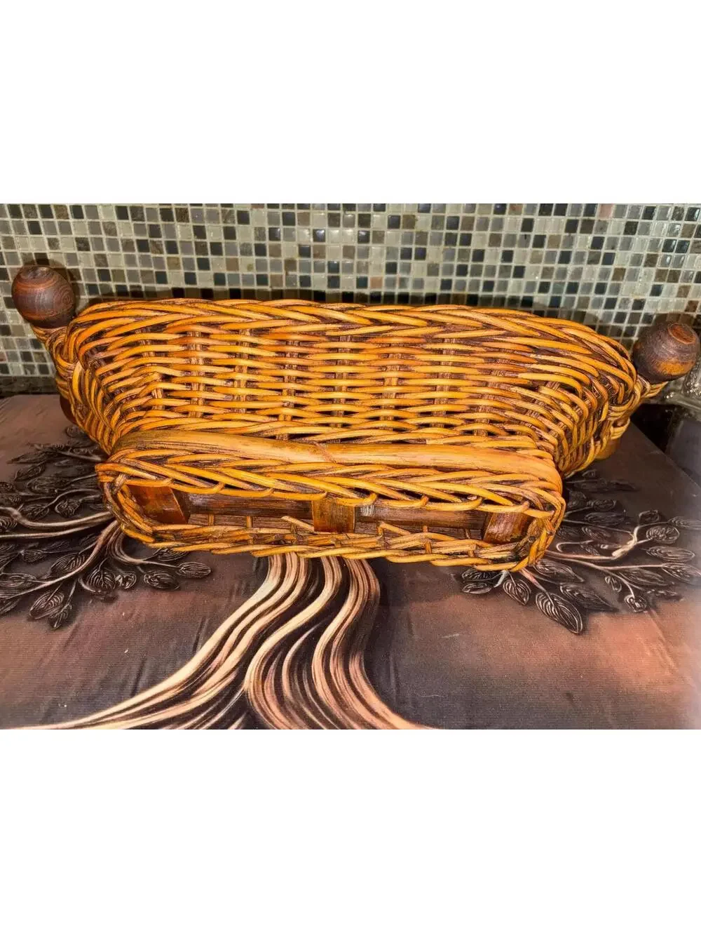 vintage split willow basket with wood handles.